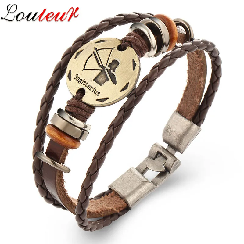 

LOULEUR Scorpio Virgo Libra Aries Zodiac Taurus Gemini Bracelet For Men Women Geniune Braided Leather Bracelet Men Jewelry