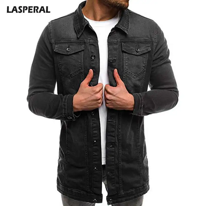 

LASPERAL Men's Autumn Winter Casual Denim Jacket New Slim Solid Color Fashion Medium And Long Section Long Sleeve Men's Jacket