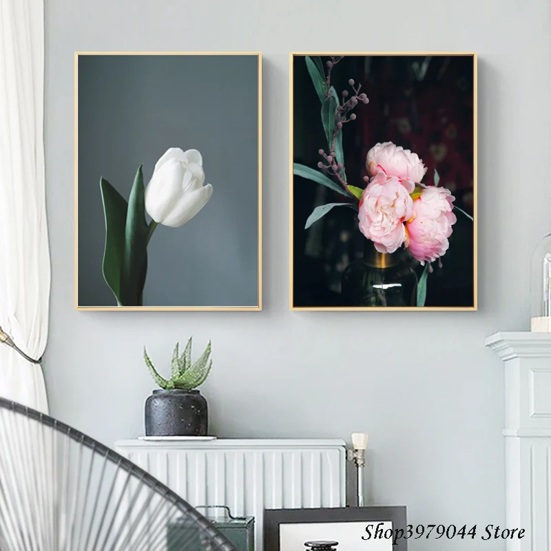 

Posters Decorativos Flower Wall Poster Nordic Pink Peony Painting Art Canvas Picture Print Living Room Decoration Home Unframed