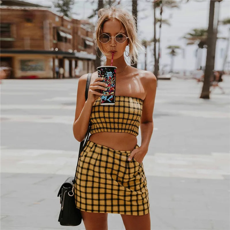 

Plaid Crop Top Women Sexy Hounds-tooth Wrapped Chest Bustier Yellow Top Off Shoulder Sleeveless Backless Tank Camis Streetwear
