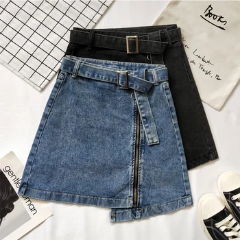 

Korean Asymmetry High Waist Denim Mini Skirt For Women Vintage Belt Zipper Skirts Jeans Faldas Female A-Line Black Summer Skirt