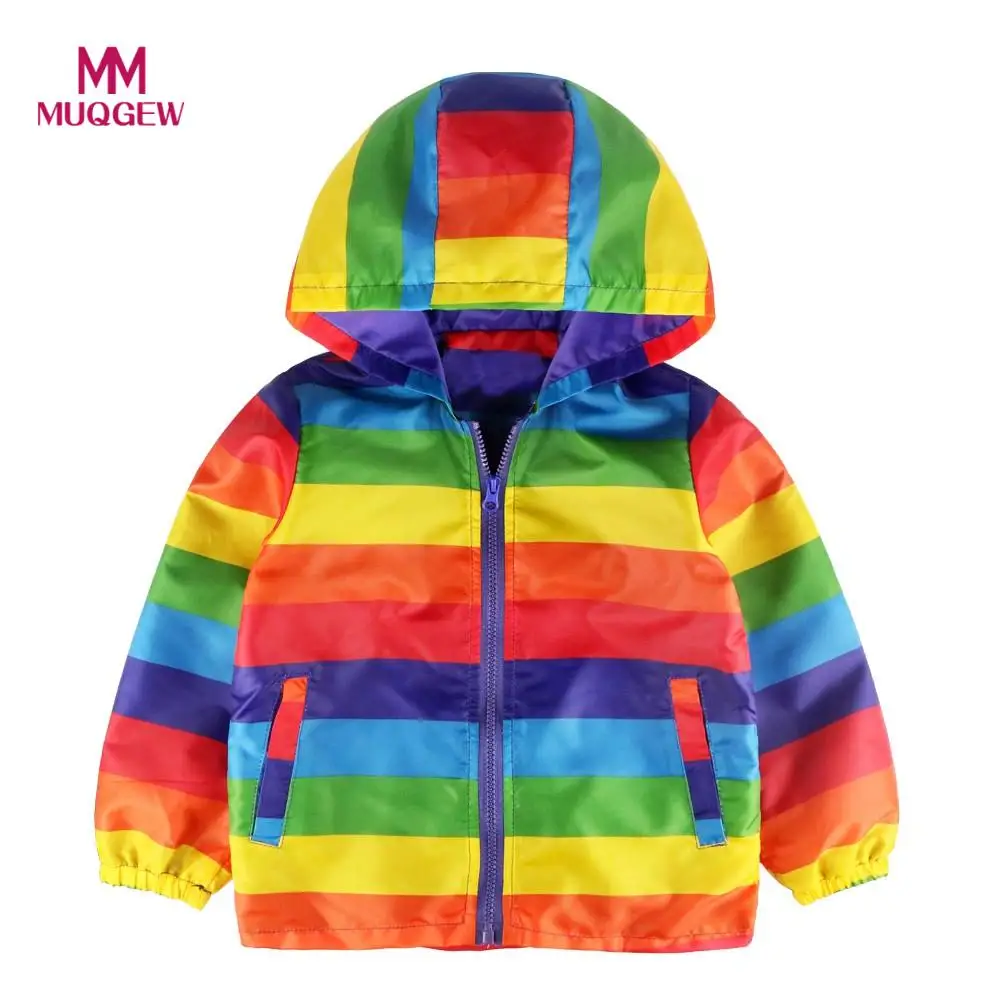 

Free Shipping Fashion Toddler Kids Baby Grils Boys Long Sleeve Rainbow Stripe Hooded Coat Polyester Outfits 2018 Autumn Winter