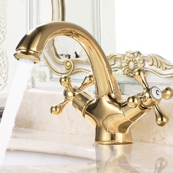 

Solid Brass Golden Polish Bathroom Faucet Vessel Sink Faucet Deck Mounted Mixer Tap Hot and Cold Water