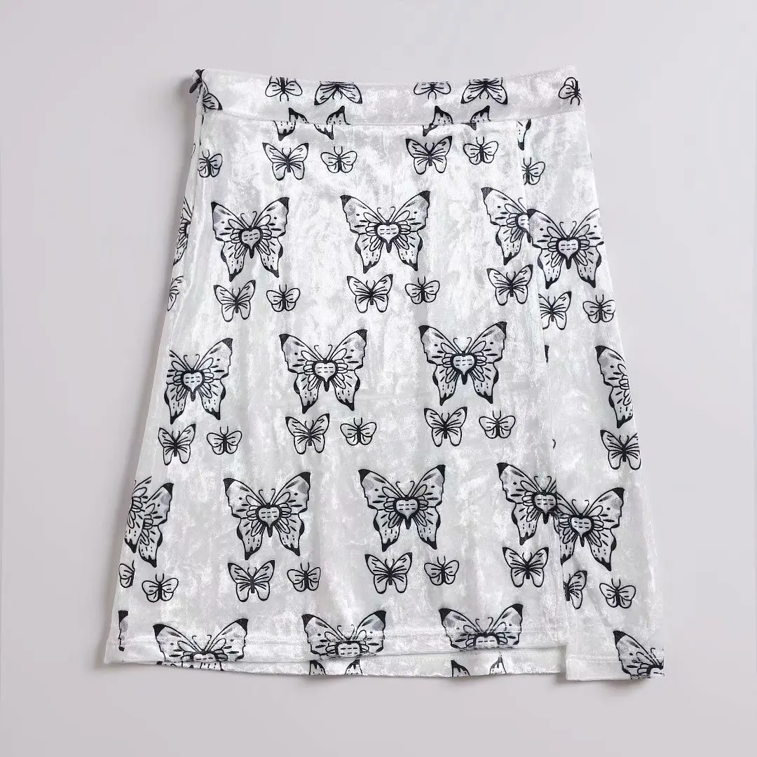Cute sweet retro butterfly print velvet white skirt split high waist skirt mini short skrit