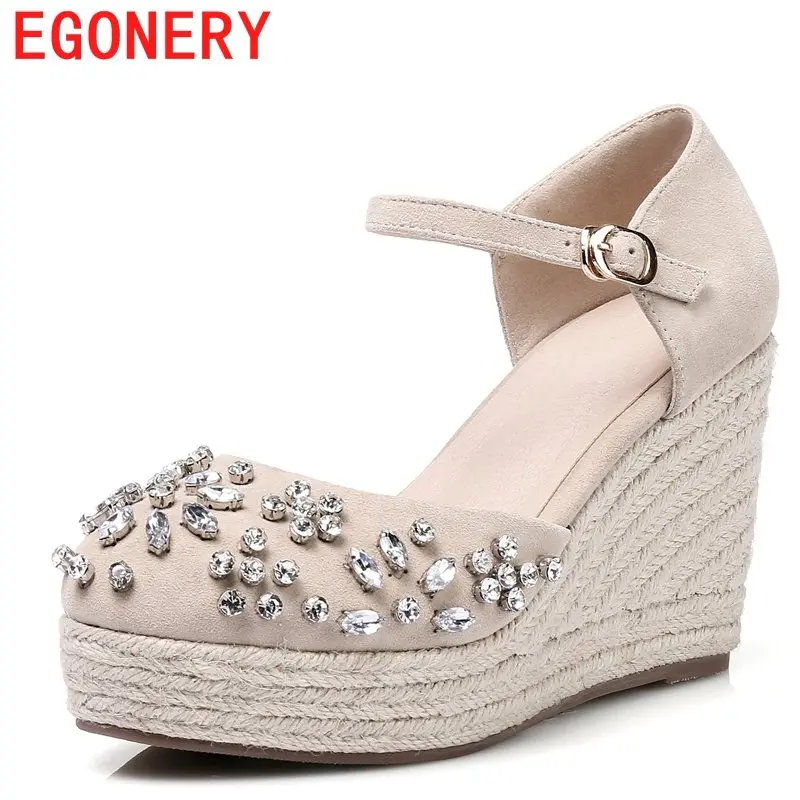 

EGONERY summer fashion pumps 9 cm high heels round toe platform wedges crystal stone kid suede woman leather pumps party shoes