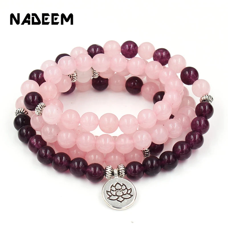 

Drop Shipping Wholesale Fashion 108 Mala Beads Pink Quartz Purple Lotus Buddha Strand Yoga Bracelet Necklace For Women Jewelry