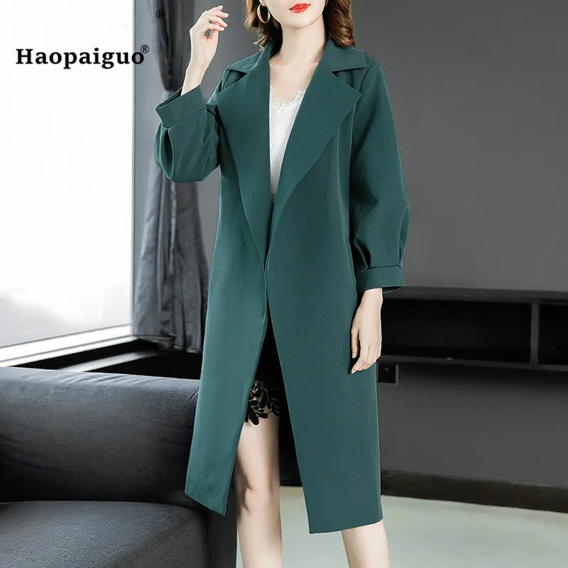 

Fashion Autumn Plus Size Women Black Blue Khaki Elegant Coats Turn-down Collar Modis Office Long Coat Casual Ladies Outwear Coat
