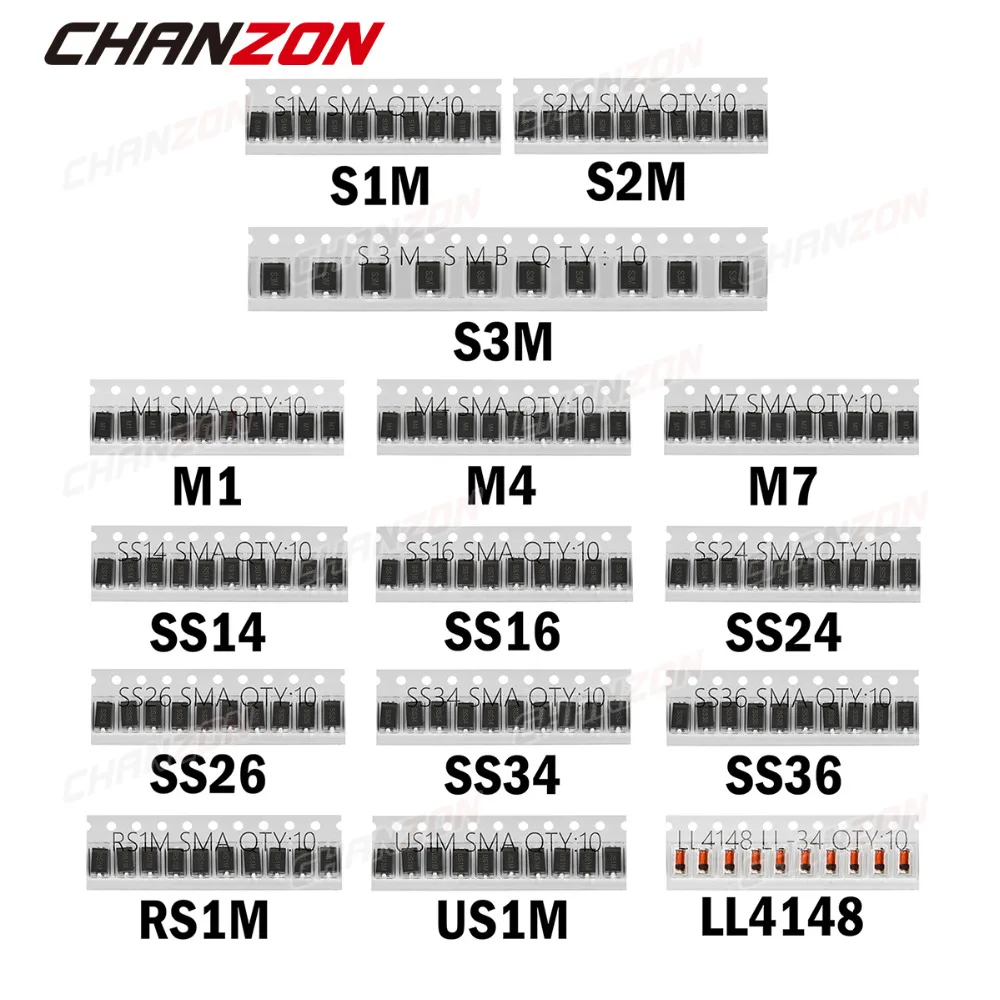 Набор диодов Шоттки SMD с быстрым переключением (M1 M4 M7 S1M S2M S3M SS14 SS16 SS24 SS26 SS34 SS36 RS1M US1M