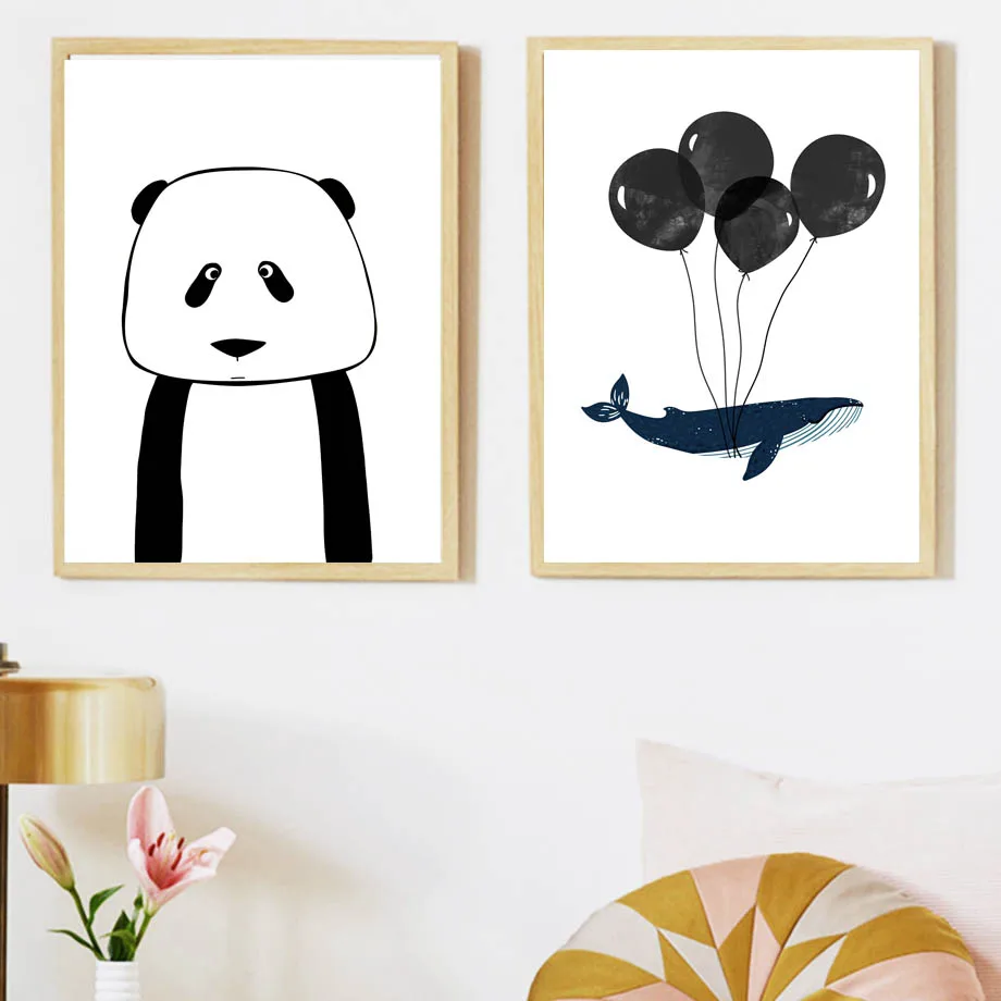 Kartun Panda Whale Balon Dinding Seni Lukisan Kanvas Nordic Poster