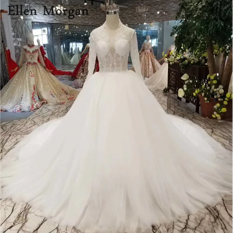 Transparent Long Sleeves Wedding  Dresses  2019  V Neck 