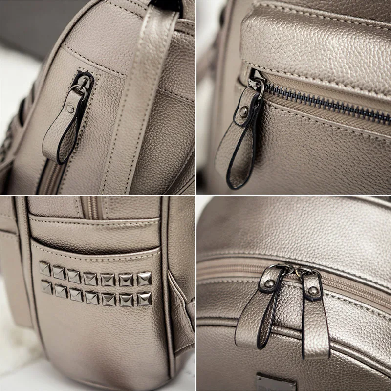 Mujeres Mochila De Cuero plata de estilo Preppy escuela mochilas para adolescentes mochilas mujeres Mochila
