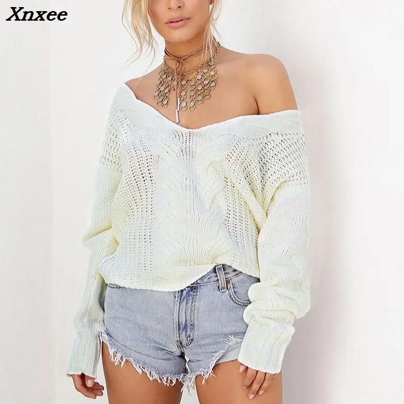 Xnxee Winter Sexy Deep V-Neck Twist Knitted Sweaters Women Long Sleeve Off Shoulder Sweater Femme 2018 Autumn Outwear Sweater Xnxee Winter Sexy Deep V-Neck Twist Knitted Sweaters Women Long Sleeve Off Shoulder Sweater Femme 2018 Autumn Outwear Sweater