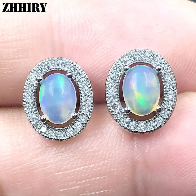 ZHHIRY Natural Fire Opal Earrings Genuine Gem Solid 925 Sterling Silver