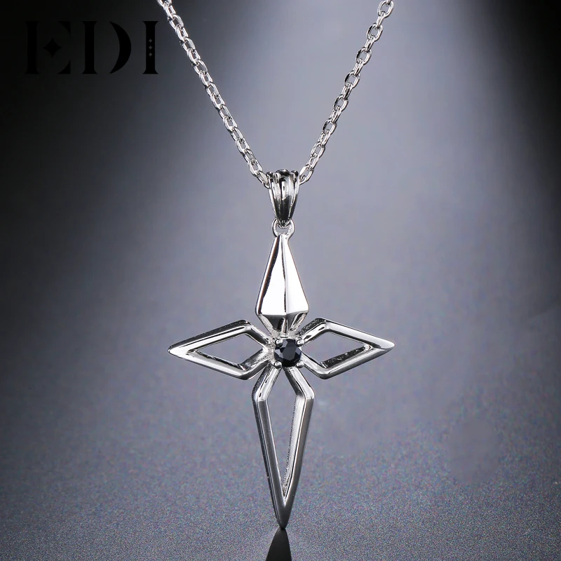 EDI Genuine Cross Natural Black Sapphire Gemstone 925 Sterling Silver Female Pendant