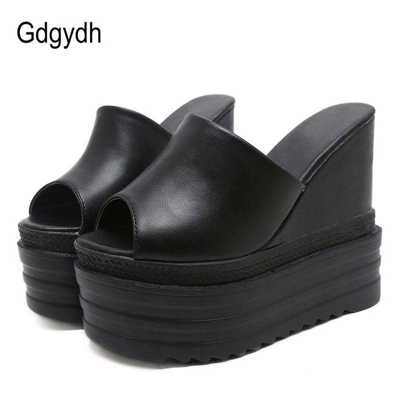 

Gdgydh Platform Sandals High Heel Wedge Shoes Woman 2019 New Arrival Summer Black Leather White Peep Toe Ladies Casual Shoes