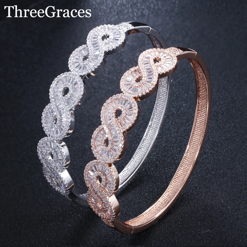 

Threegraces Luxury Brand Baguette Cubic Zirconia Stones Open Hand Cuff Bangles For Women Wedding Jewelry Accessories BA002