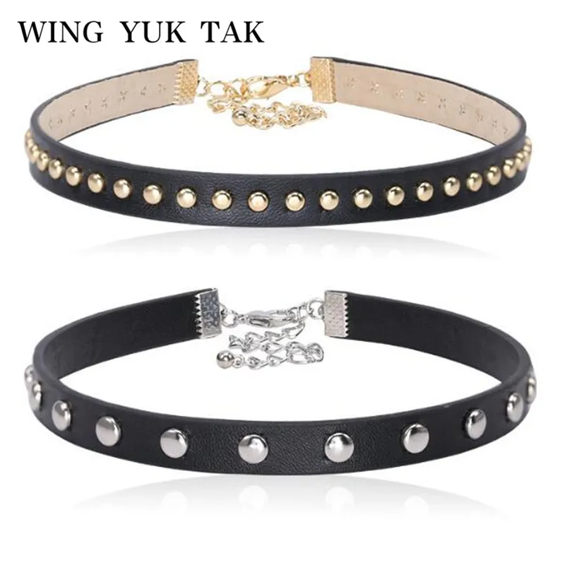 

2018 New Hot Black Pu Leather Silver Gold Color Rivets Necklace Fashion Punk Chokers Necklace For Women Party Jewelry Gift