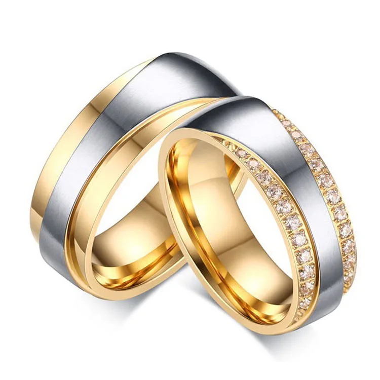 Роскошные золотые Цвет кубического циркония Нержавеющая сталь Promise Ring Его и Ее