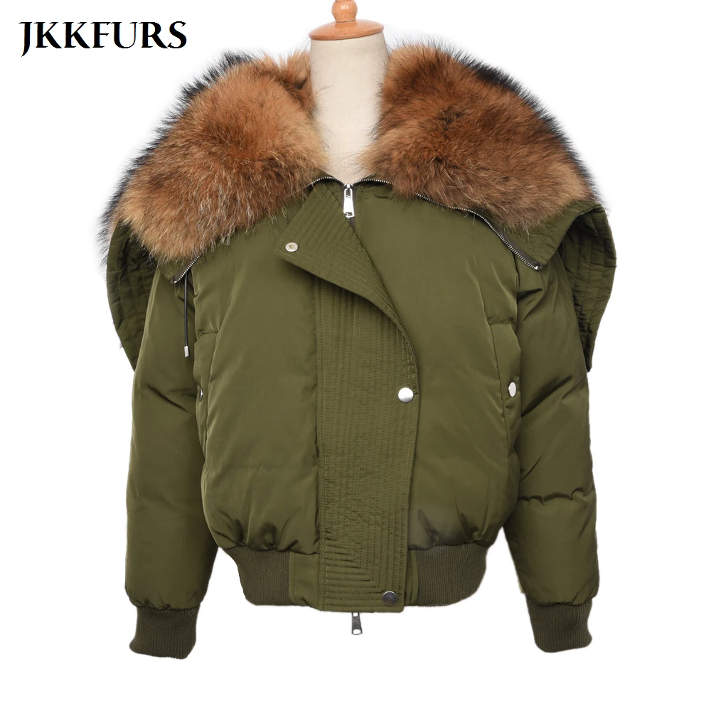 

2019 New Women Real Fur Jacket Large Raccoon Fur Collar Coat White Duck Feather Parka Hooded Real Fur Parka Bomber Jacket S7507