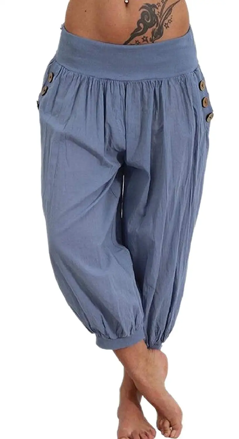Women Boho Capri Harem Pants with Elastic Waist and Side Pocketin