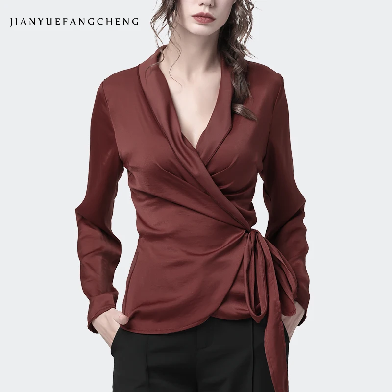 

Satin Women Blouses Belted Lace-Up Long Sleeve V-Neck Ladies Tops Solid Sexy Bodycon Fashion New 2019 Spring Summer Woman Cloth
