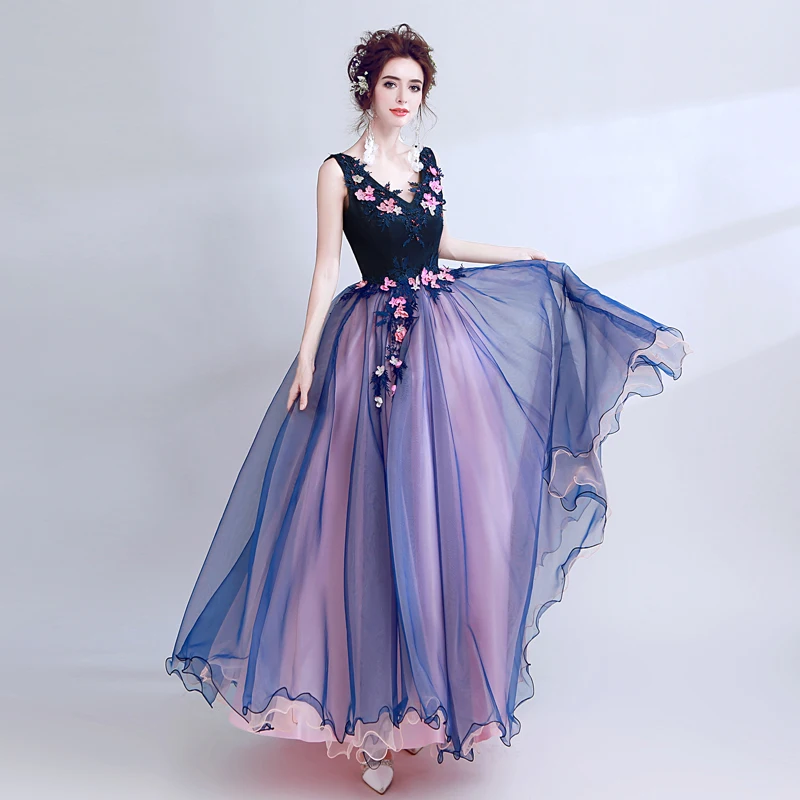 Robe de soiree, кружевное платье с v-образным вырезом, без рукавов, с бисером, синее, роскошное, элегантное, длинное, вечернее платье, знаменитые Аппликации, цветы, вечерние, торжественное платье