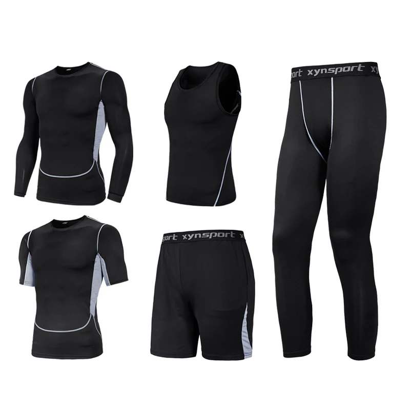 

Tight Gym Sets Men Compression Set Polyester 5-piece set Fitness Suit Elasticity Run Training Sportswear Man Workout Sport Suit