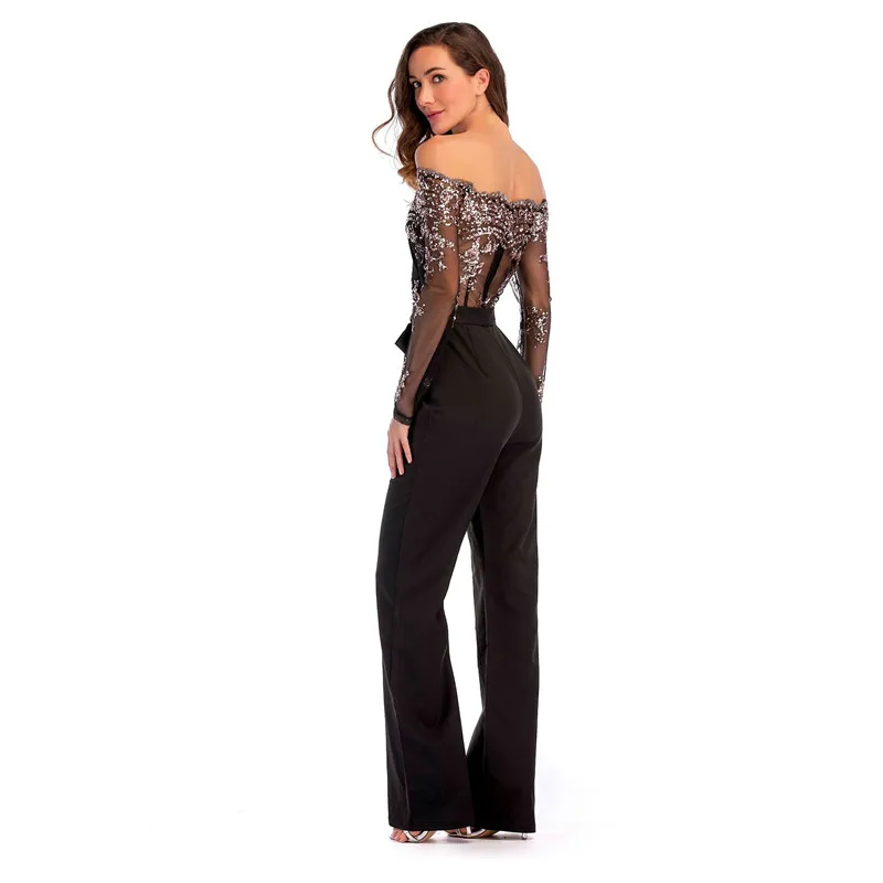 plus size rompers womens jumpsuit 2018 summer off shoulder black jumpsuit pants long sleeve one piece jumpsuit with sequin 21788