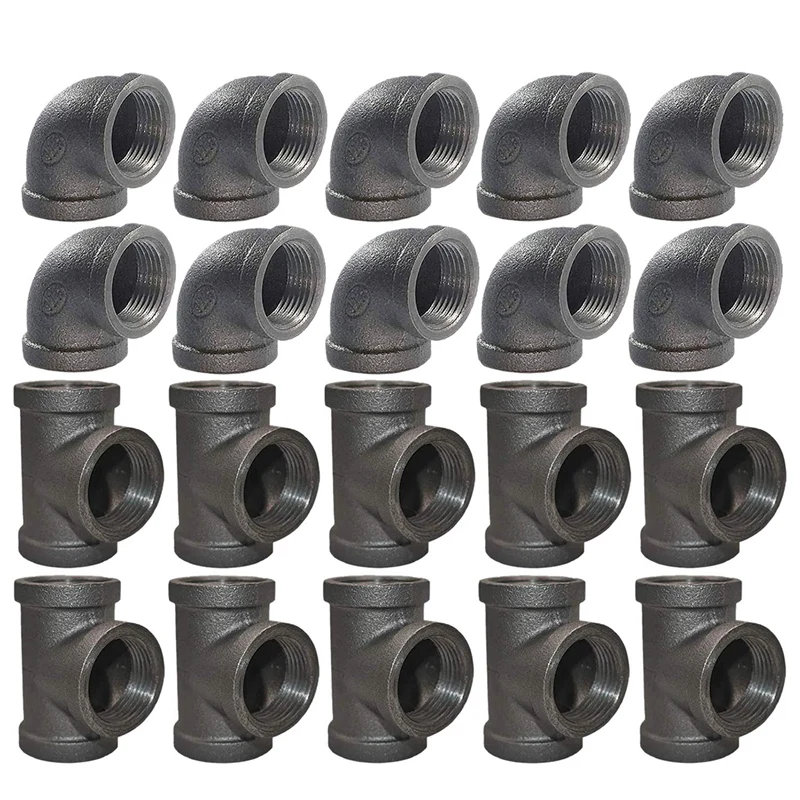 

1/2 inch Black Pipe Fittings (10 Pipe Elbows, 10 Pipe Tees) | 1/2 Inch Cast Iron Pipe Fittings, Plumbing Pipe Tee and Elbow Fi