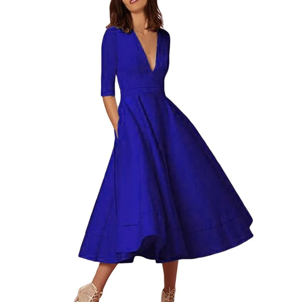 Sexy Deep V Neck Lady Dress Women's Vintage Long Gown Prom Ladies Ever Party Swing Dress Elegant Clothes For Spring A1