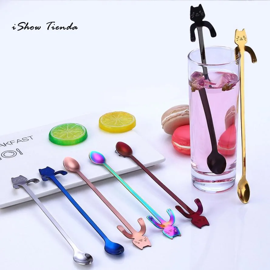 

New Hot Creative Stainless Steel Cute Cat Spoon Long Handle Spoons Flatware Coffee Drinking Tools Kitchen Gadget Handle New