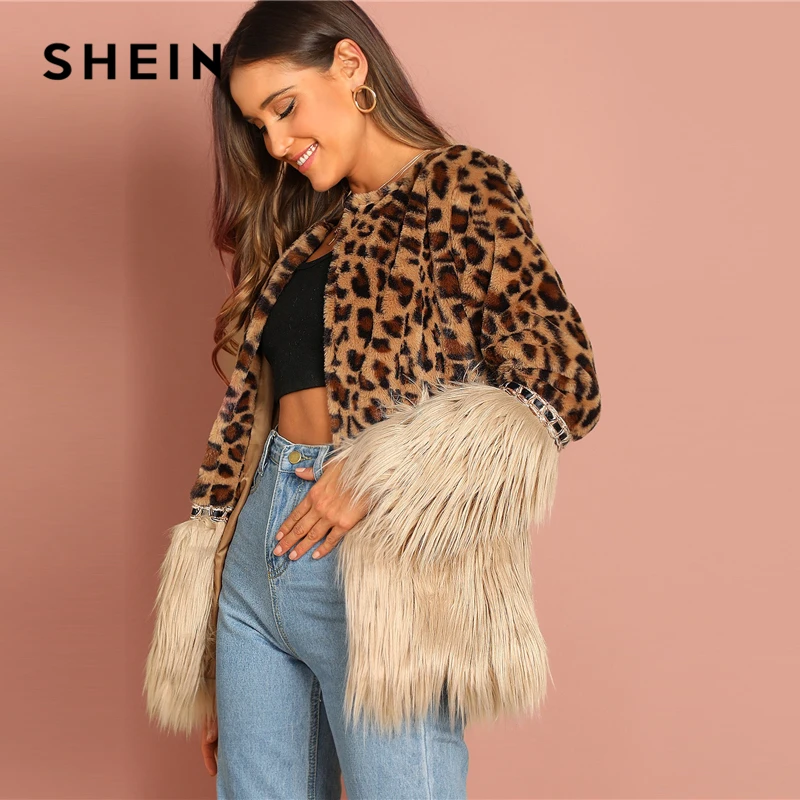 SHEIN Пальто Из Искусственного Меха С Контрастной Отделкой Модное Укороченное Эко