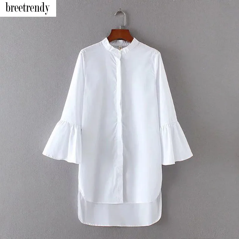 

X805 new brief ladies white color flare sleeve stand collar blouse women long design elegant shirt blusas tops