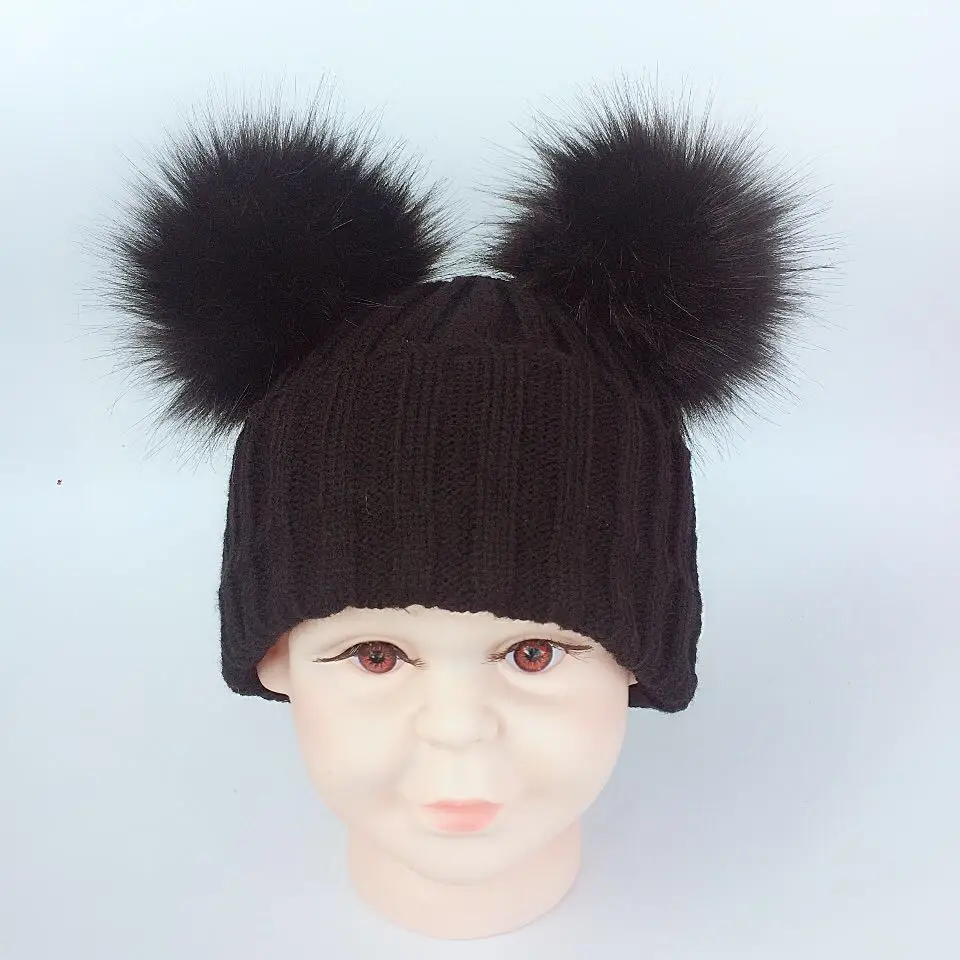 Детская зимняя шапка из искусственного меха для малышей, Шапка-бини с 2 двумя помпонами, помпонами, ушками, забавная шапка для мальчиков и девочек