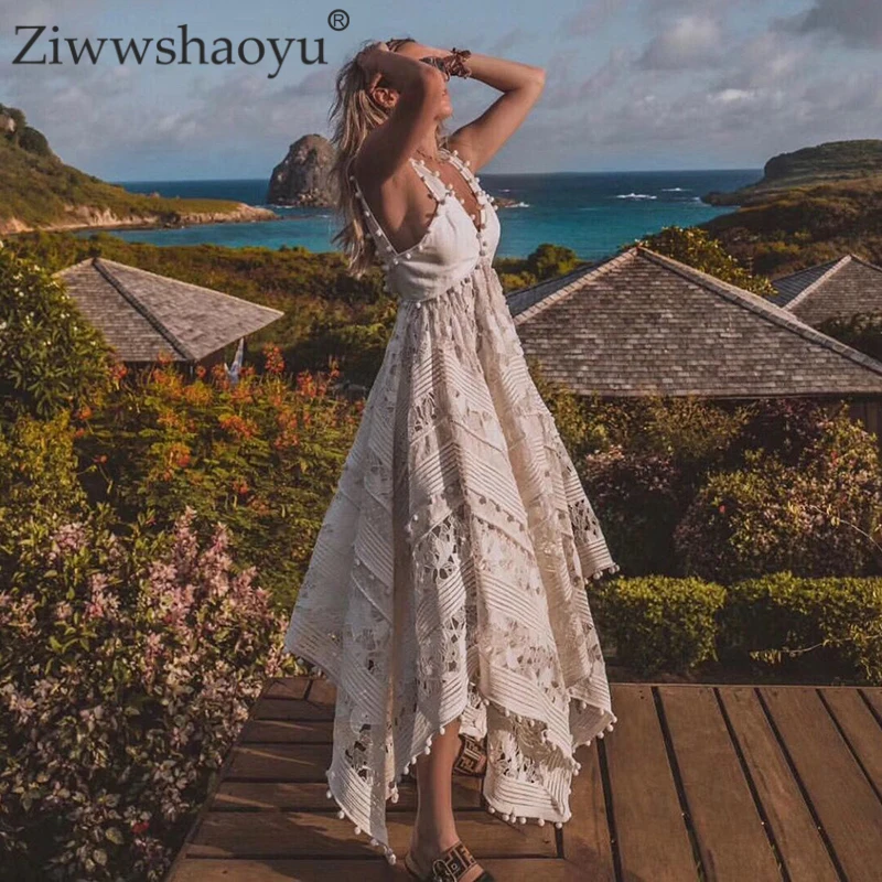 Ziwwshaoyu отпуск Вышивка Длинные платья с v-образным вырезом выдалбливают кисточкой Нерегулярные Элегантный платье весна и лето новые женские