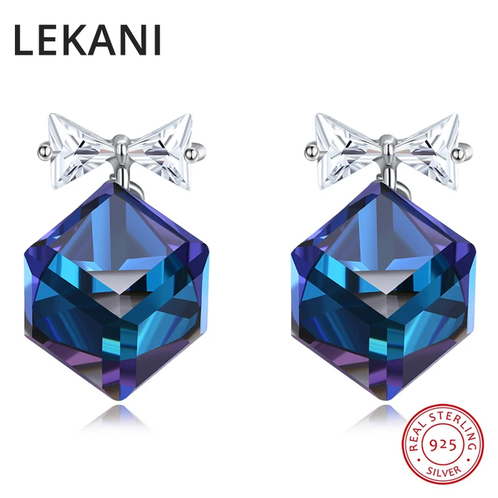 Серьги-гвоздики LEKANI с кристаллами SWAROVSKI, кубические бусины, милый бант, пирсинг, S925 серебряные ювелирные изделия для женщин, девочек, подарки - Цвет камня: Синий