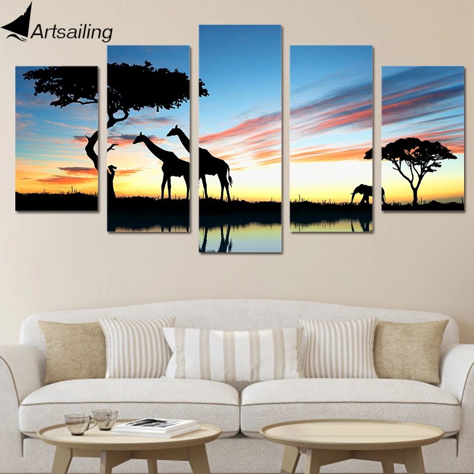 

HD 5 piece canvas art Printed Africa landscape Safari Group Painting room decor print poster picture canvas Free shipping/D002