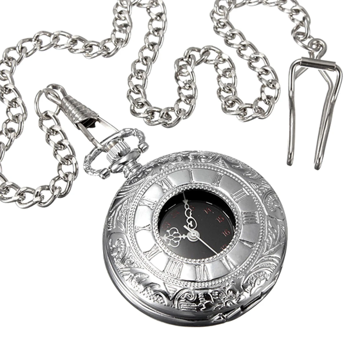 Vintage Silver Hollow Round Case Roman Numerals Black Dial Quartz Pocket Watch