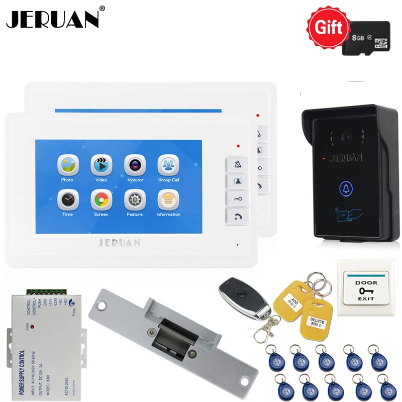 

JERUAN 7 inch Video Door phone Video/voice Recording Intercom System kit 2 White Moitors + Waterproof RFID Access Camera 1V2