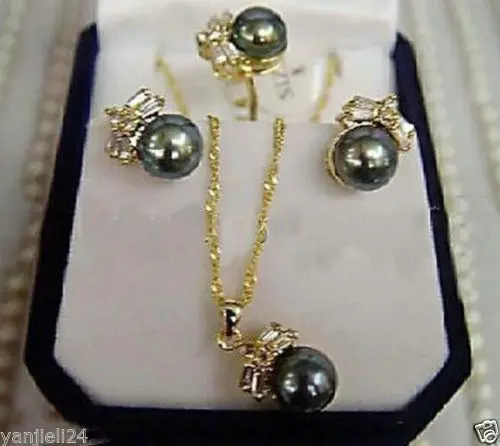 

Hot sale new Style >>>>>CHARMING Black Pearl Earring Ring & Necklace Set