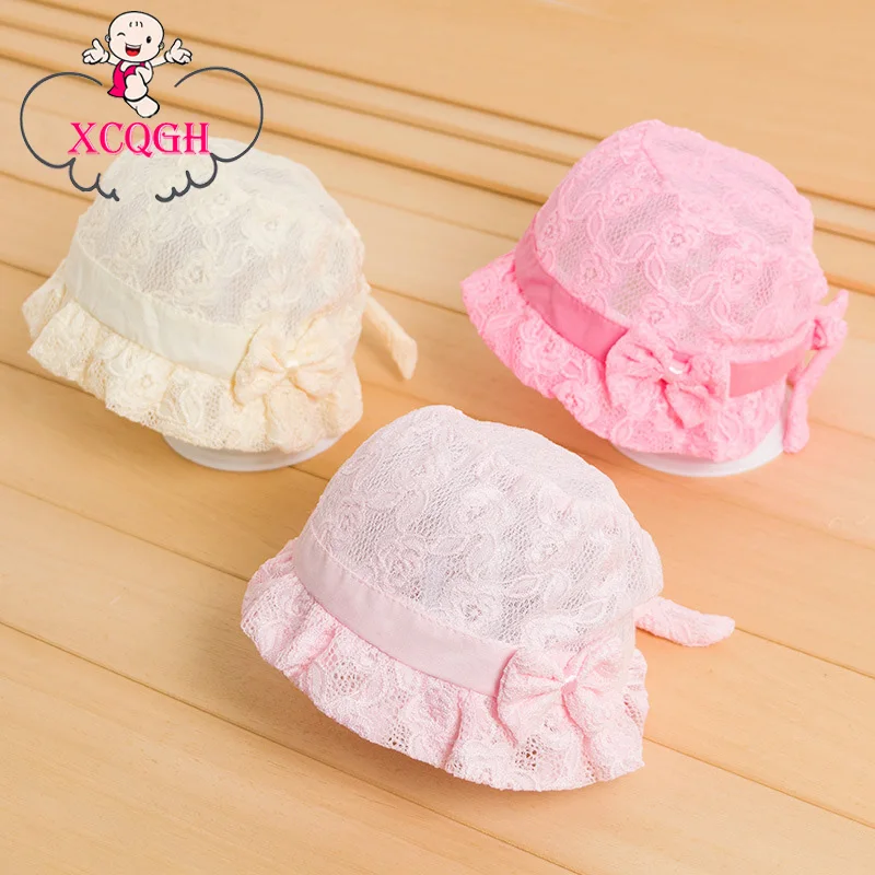 

XCQGH Flower Lace Children's Basin Cap Bow Baby Net Cap Princess Baby Hat Breathable Girl Hat