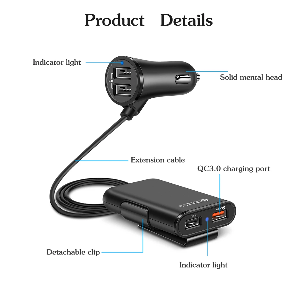 4 Ports QC3.0+2.4A+3.1AUSB Car Charger Universal USB Fast Adapter with 5.6ft Extension Cord Cable for MPV Car Phone