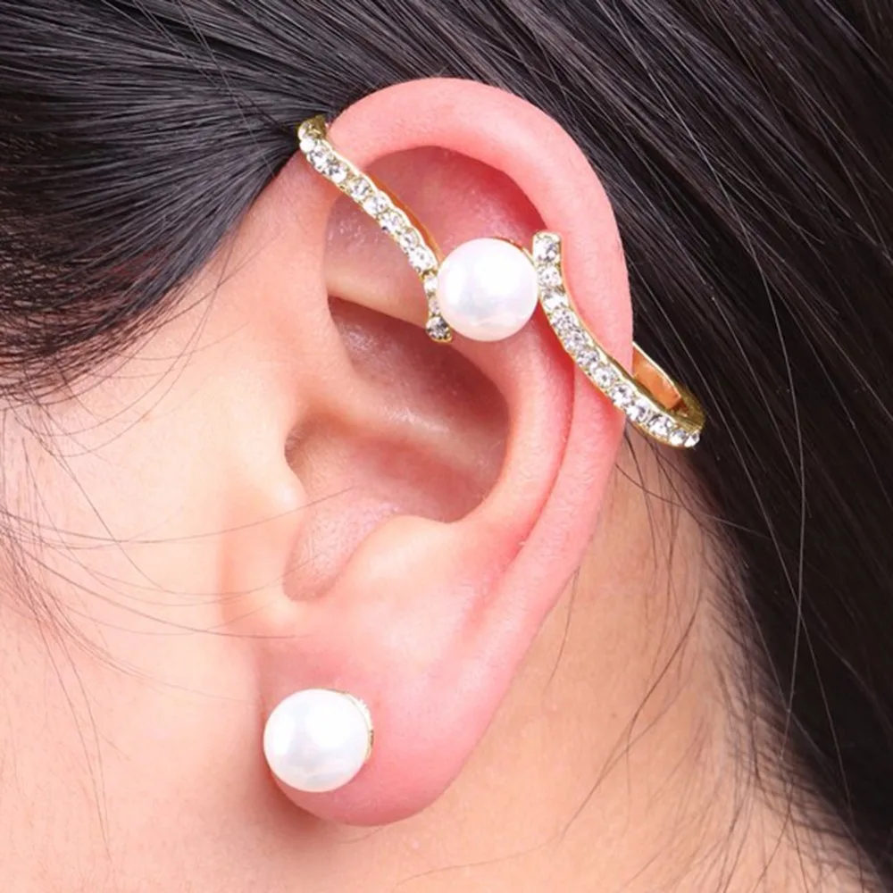 

PINKSEE Fashion Women's Earrings Geometric Rhinestone Earclip Asymmetric Imitation Pearl Earrings Statement Ear Cuff Accessories