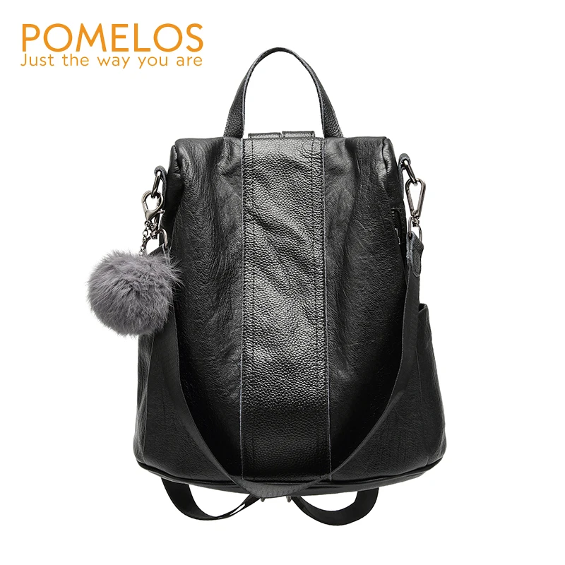 

POMELOS Women Soft Leather Anti Theft Backpack Ladies Fur Ball Decoration Vintage Back Pack Girls Shoulder Bag Travel Backpacks