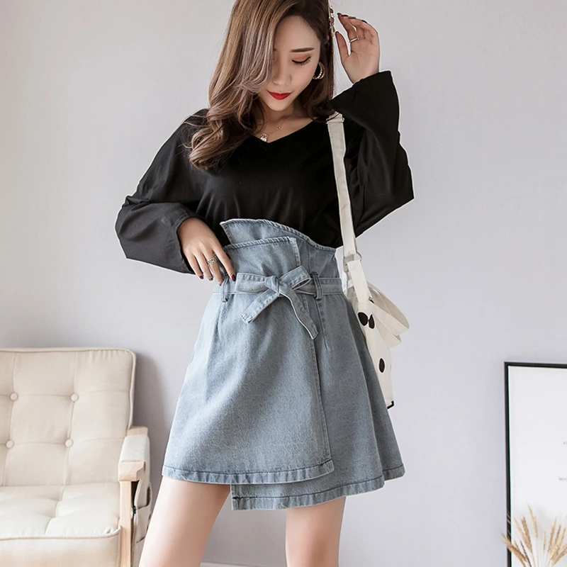 Jeans Skirt Black Denim Wrap Skirt Mini Summer High Waist Skirts Womens Korean Bow Kawaii Faldas Mujer Moda 2019 Streetwear Saia