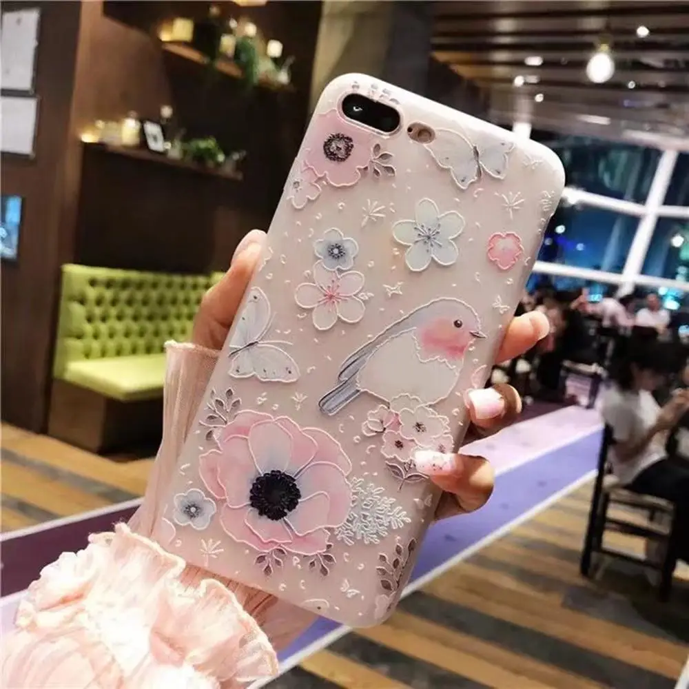 

Mobile Phone Case TPU White Matte Embossed Bird Language Floral Protective Cover Shell For iPhone