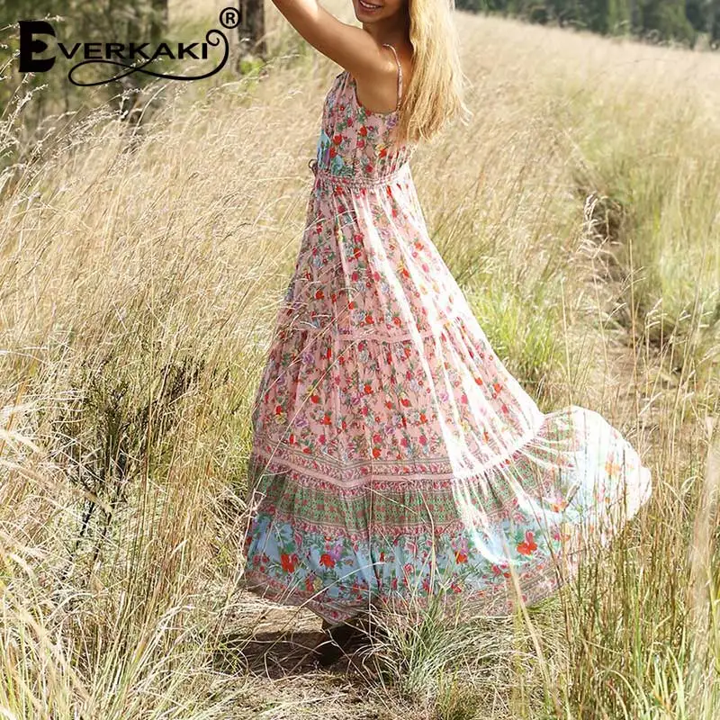 Pink Everkaki Boho платье-комбинация макси с цветочным принтом женское Цыганское Платье с регулируемой талией и поясом, длинное богемное платье для женщин лето осень - Цвет: Pink