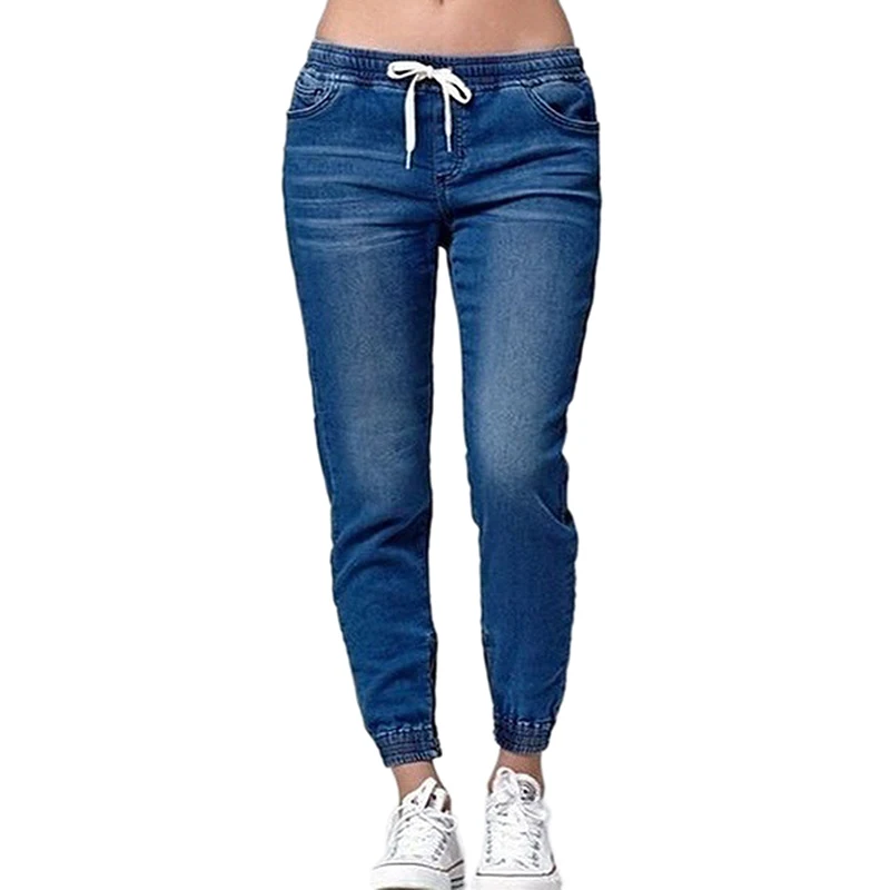 Новинка, горячая Распродажа, модные женские повседневные штаны для бега, джинсы с эластичной талией на завязках, однотонные женские джинсовые штаны, облегающие леггинсы