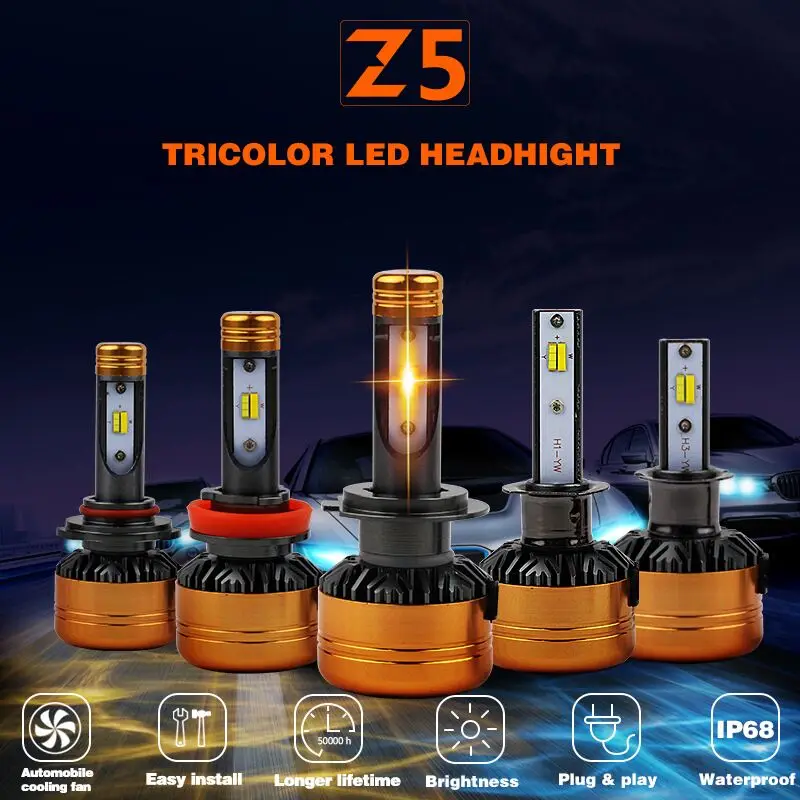 

R8 New Design Z5 Dual Color Tricolor Car LED Headlight Bulbs H4 H13 9004 9007 50W 5800LM 3000K 4300K 6000K Good Quality 3-Colors