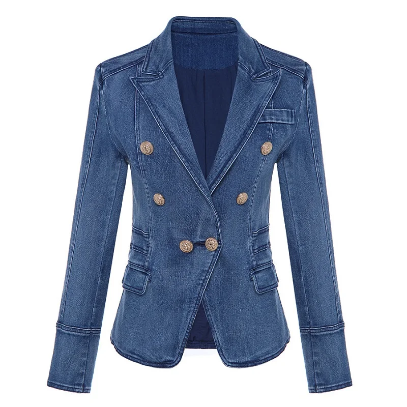 Осенне-зимняя мода, дизайнерская синяя джинсовая куртка для подиума, женские двойные синие джинсовые куртки с металлическими пуговицами в виде льва, пальто, одежда